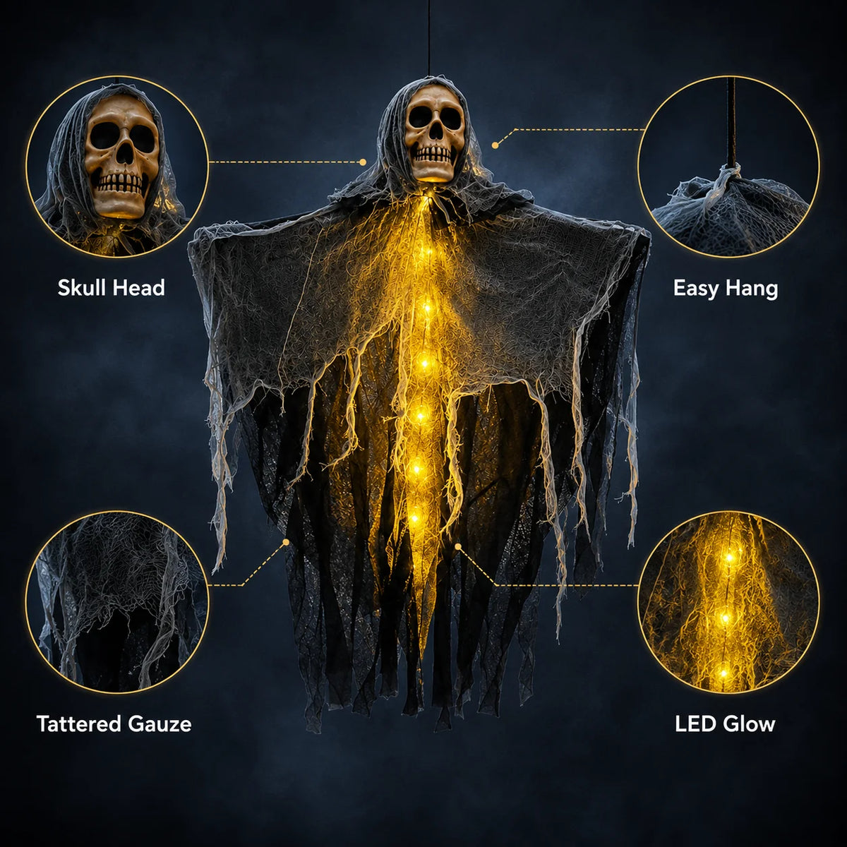 Halloween Home Outdoor Garden Decor Hanging Ghost Ornament Built-in Lighting Skull Skeleton Gauze Accessory Party Scene Setting