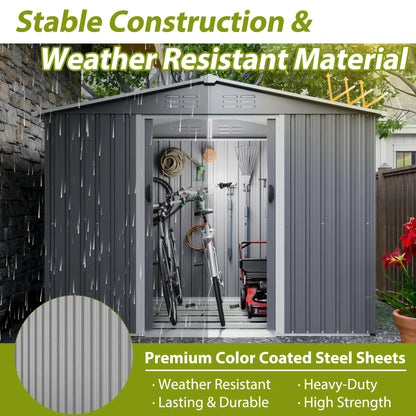 8x6 FT Outdoor Tool Shed, Metal Foundation, Lockable Sliding Doors, All-Weather, Gray, for Garden, Patio, Backyard