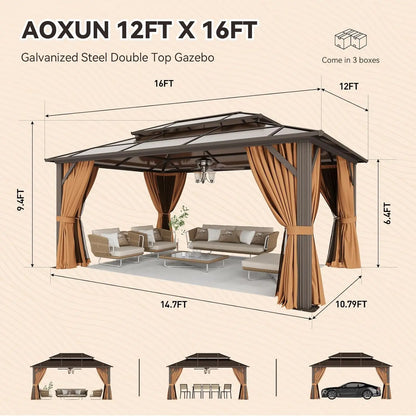 12x16 Hardtop Gazebo Outdoor Metal Double Polycarbonate Roof Netting Curtains Lawn Garden Patio Brown, Custom