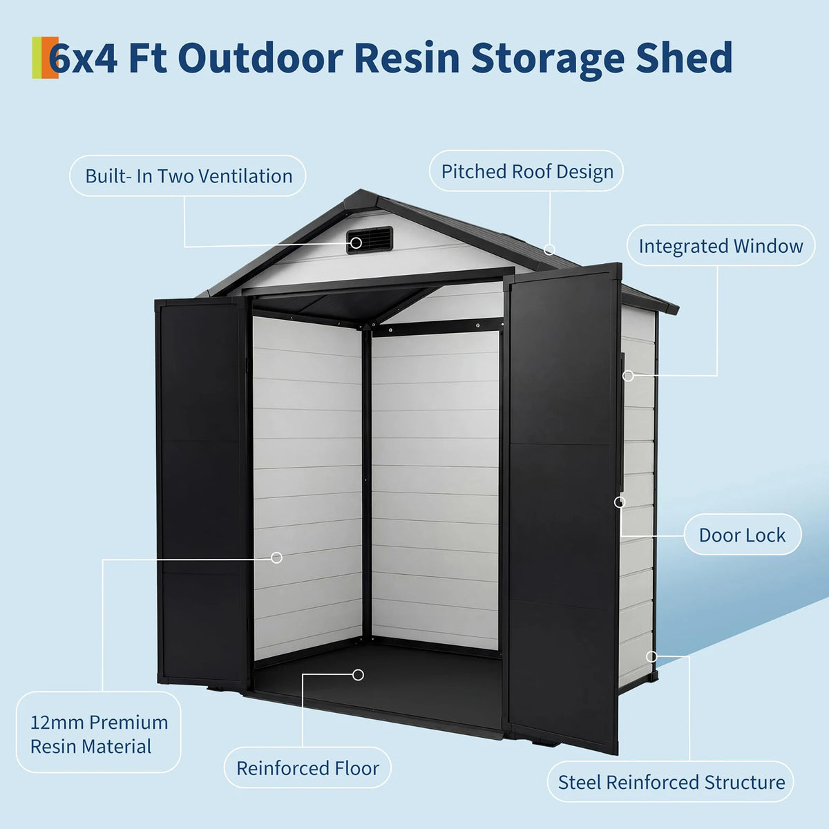 6x4 FT Resin Outdoor Storage Shed, Double Wall Waterproof Lockable Garden Tool Shed With Window, Double Doors For Bike Lawn Mower Patio