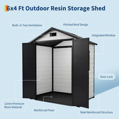 6x4 FT Resin Outdoor Storage Shed, Double Wall Waterproof Lockable Garden Tool Shed With Window, Double Doors For Bike Lawn Mower Patio