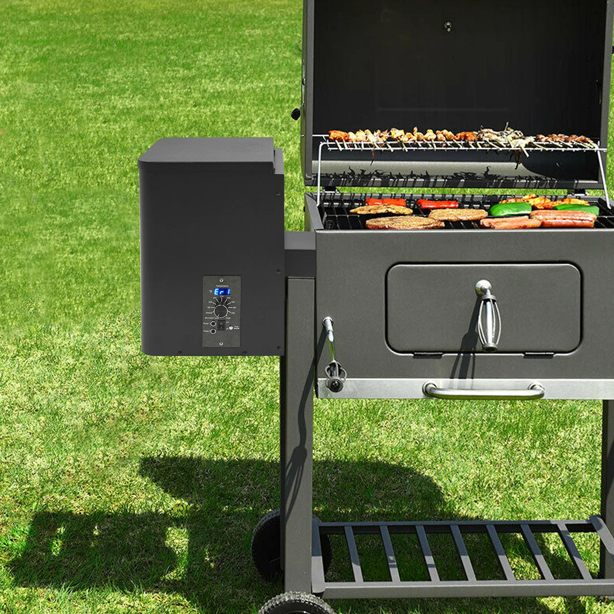Pellet Smoker Hopper Assembly Kit, Precision Temperature Control 180-450℉ Dual-Functional Wind Mechanism for Yard Garden Camping