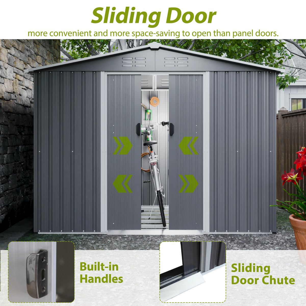 8x6 FT Outdoor Tool Shed, Metal Foundation, Lockable Sliding Doors, All-Weather, Gray, for Garden, Patio, Backyard