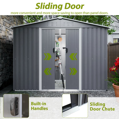 8x6 FT Outdoor Tool Shed, Metal Foundation, Lockable Sliding Doors, All-Weather, Gray, for Garden, Patio, Backyard