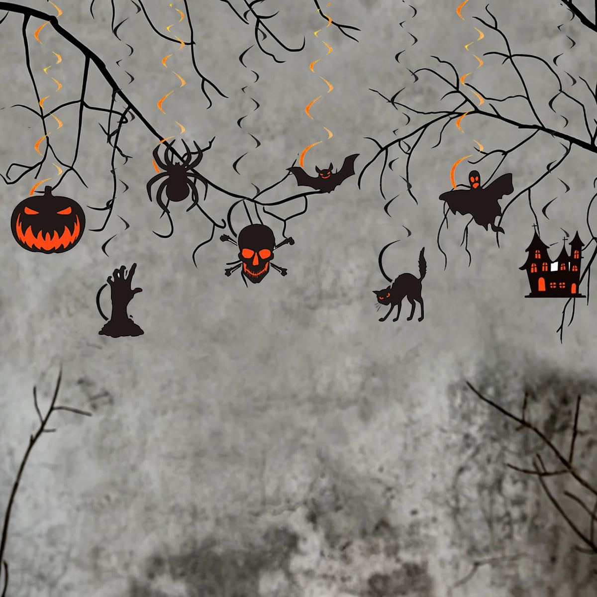 Halloween Hanging Swirl Decorations, Pumpkin Spider Bat Skull Ghost Black Cat Cutout Ceiling Streamer Party Decor