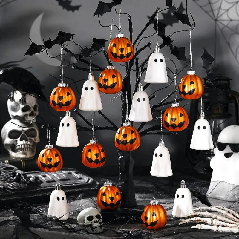 Halloween Hanging Ornaments Cute White Ghost And Orange Pumpkin Decoration Mini Plastic Halloween Tree Decorations Party Decor