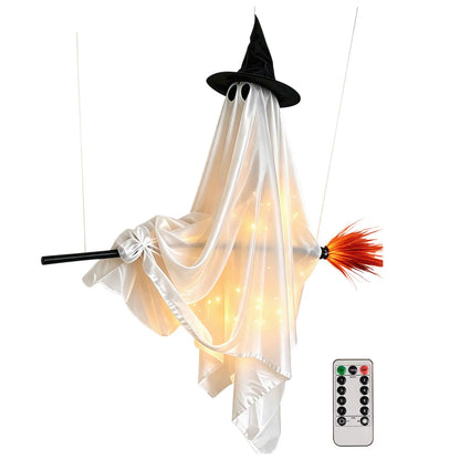 Indoor Halloween Decoration Hanging Ghost Flying Broomstick Ornament Witch Hat LED Light Outdoor Yard Decor