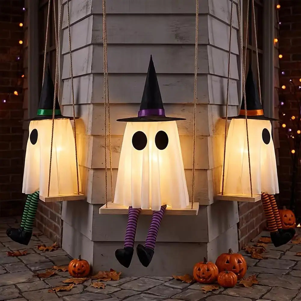 Halloween Hanging Swinging Ghost Decoration Spooky Light Up Swing Ghost with Witch Hat for Outdoor Tree Decor