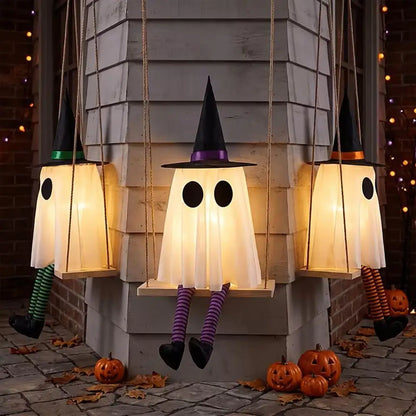 Halloween Hanging Swinging Ghost Decoration Spooky Light Up Swing Ghost with Witch Hat for Outdoor Tree Decor