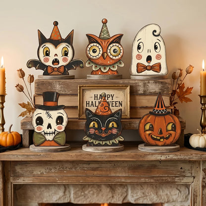Halloween Decor Indoor,Retro Wooden Block for Shelf Decoration,Cute Ghost,Pumpkin,Black Cat,Skeleton,Witch Owl,Housewarming Gift