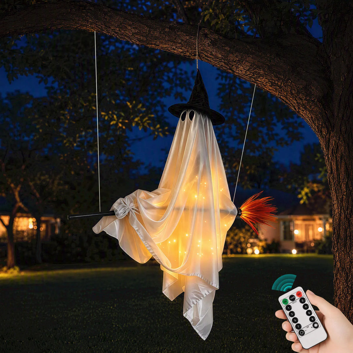 Indoor Halloween Decoration Hanging Ghost Flying Broomstick Ornament Witch Hat LED Light Outdoor Yard Decor