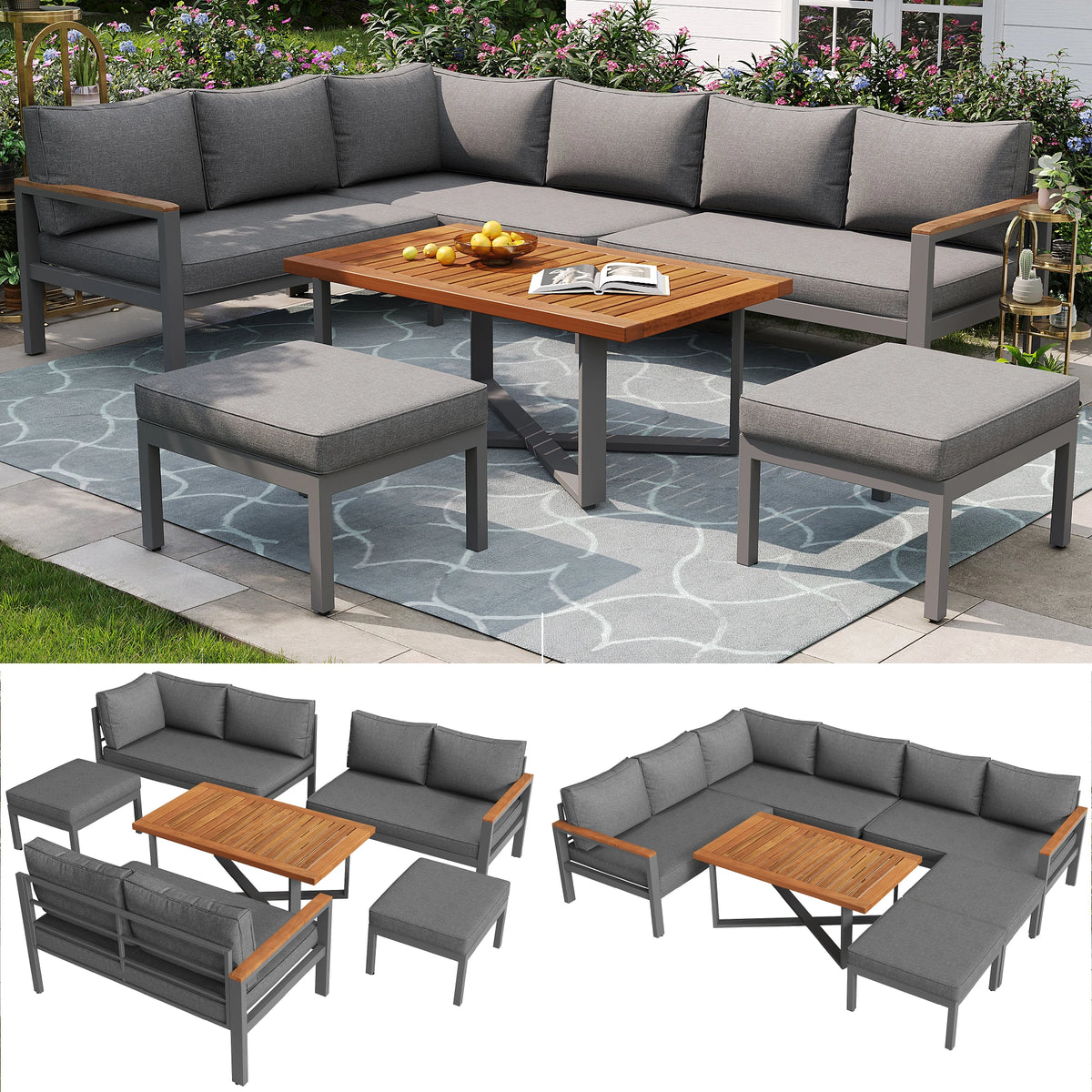 PINGGO Outdoor Garden Furniture Set With 2 Sofas and Table with Galvanised Iron Frame, Adjustable Backrests, Adjustable Table