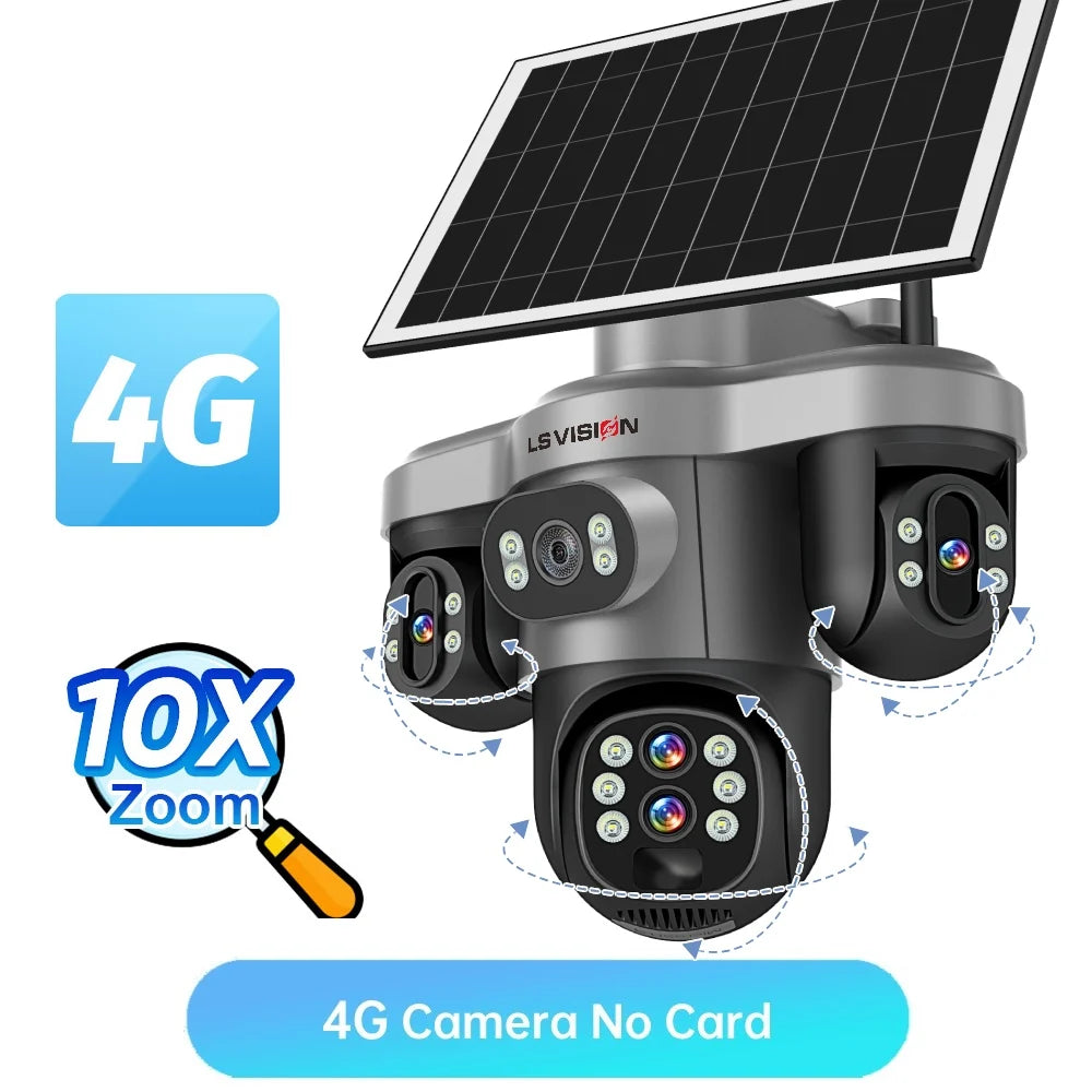 LS VISION 10X Optical Zoom 20MP 4G /Wifi Solar Camera Outdoor 3 Screens 3 PTZ 360° Auto Tracking IP Surveillance Camera V380 Pro
