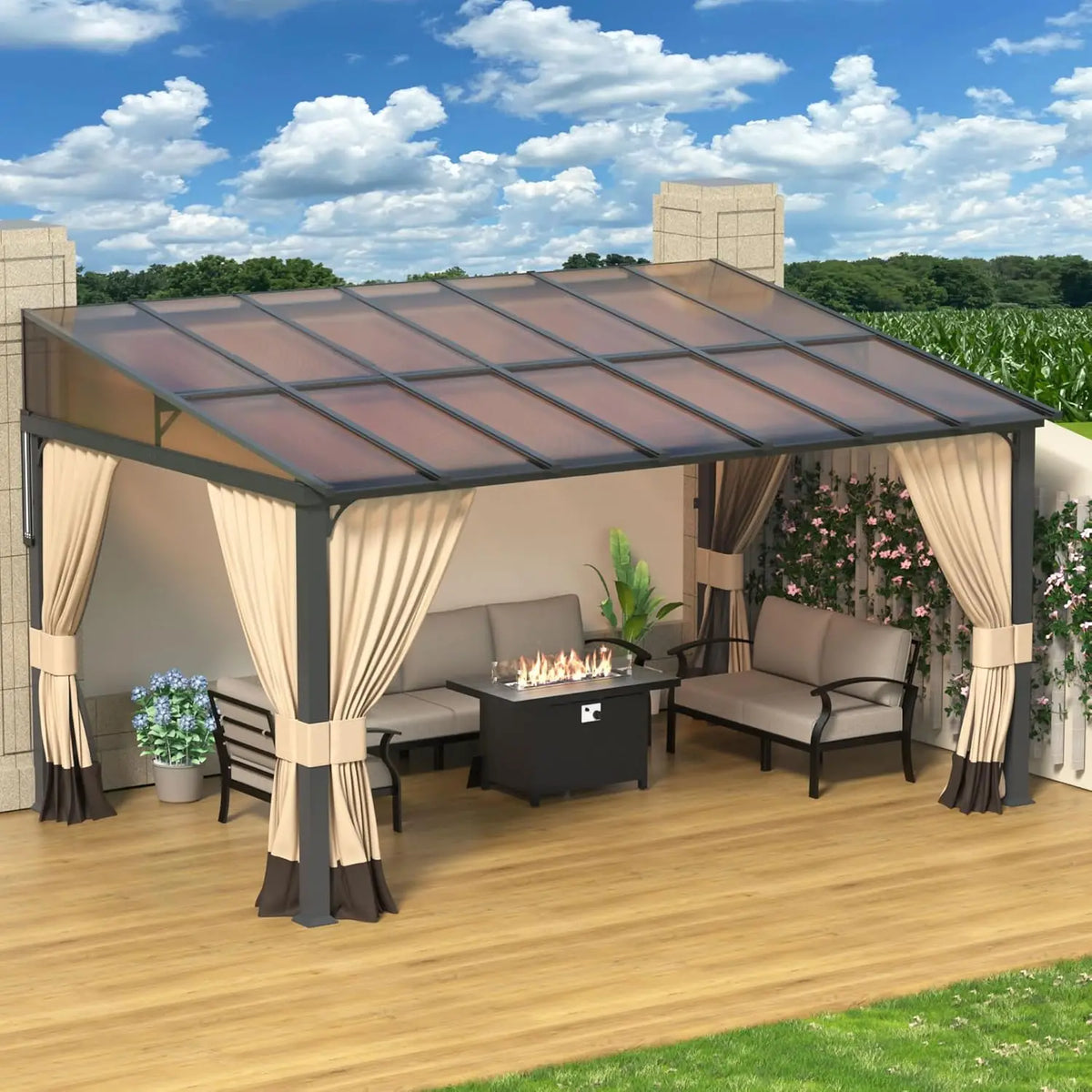 10' x 14' Lean to Gazebo,Large Wall Mount Heavy Duty Gazebos Pavilion,Outdoor Hardtop Pergola Shelter with Curtains, Customized