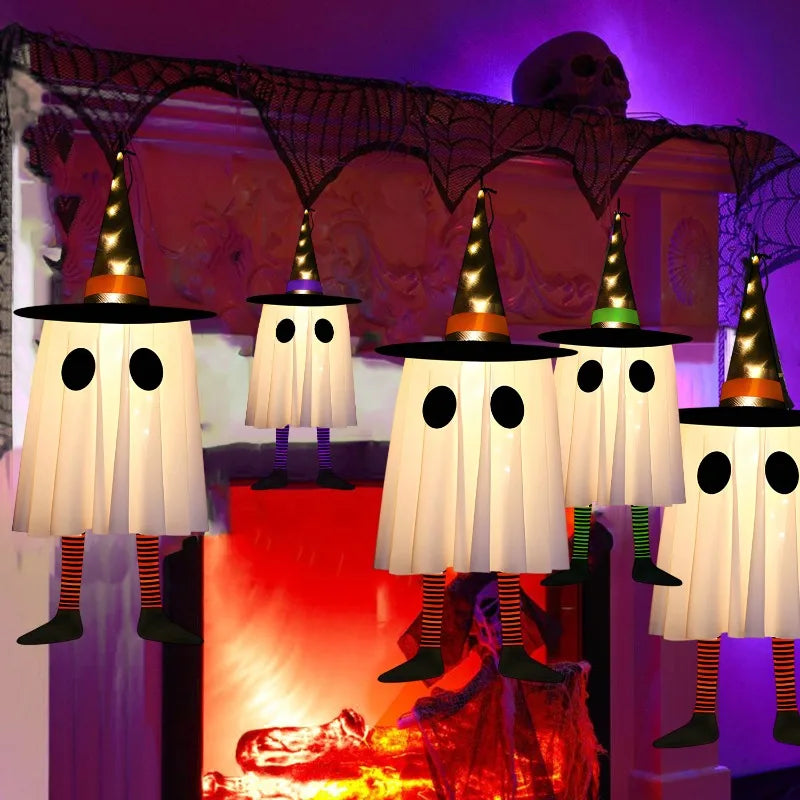 Halloween Hanging Ghost Decorations, Outdoor Halloween Witches Hat Lights, Glowing Ghosts for Garden Trees, Yard Halloween Decor