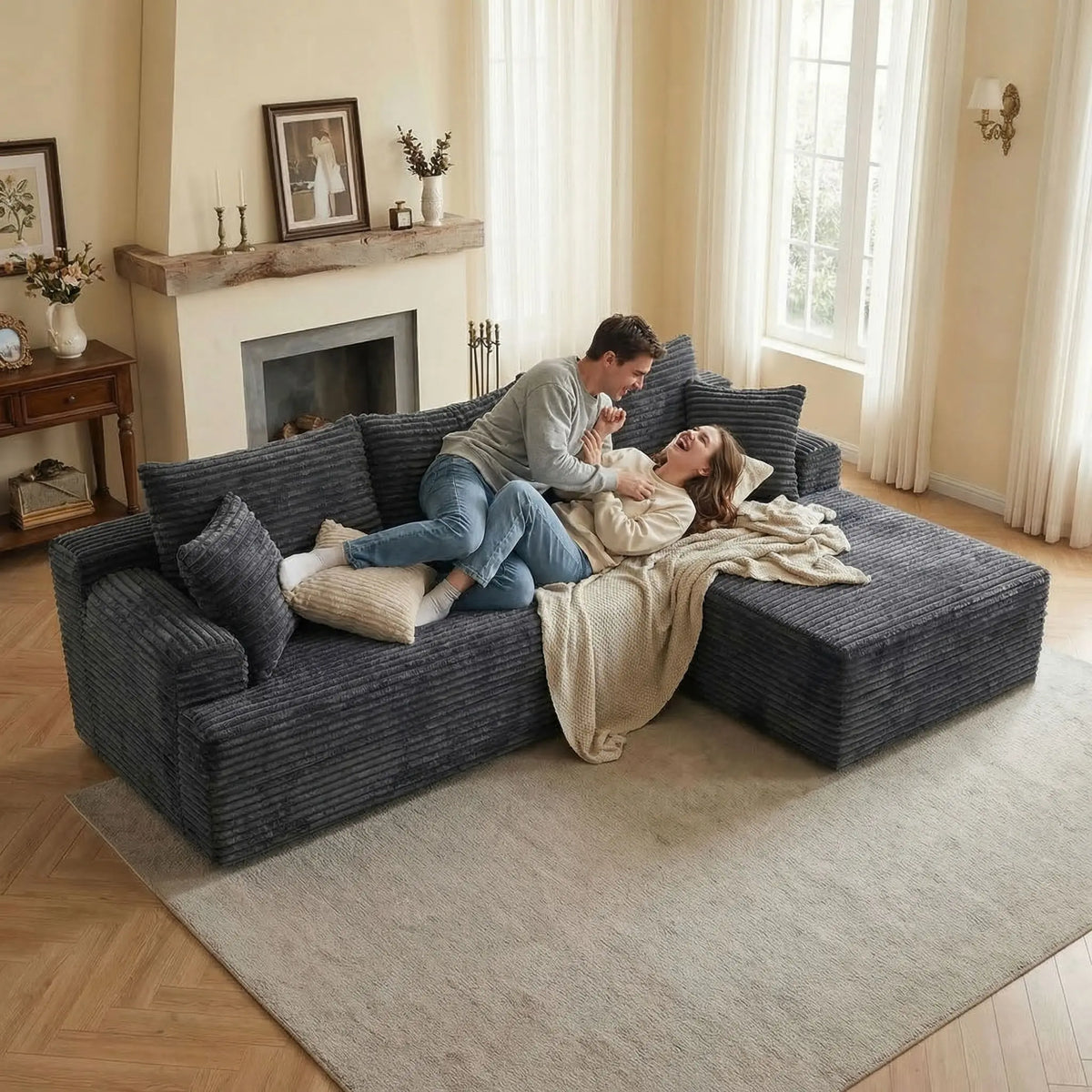 Perfect for lunch breaks, large L-shaped modular corner sofa, ultra-soft cloud lounge sofa with removable washable fabric covers, extra wide and deep seat, 3-seater chaise sofa, oversized living room sofa, cozy relaxation sof