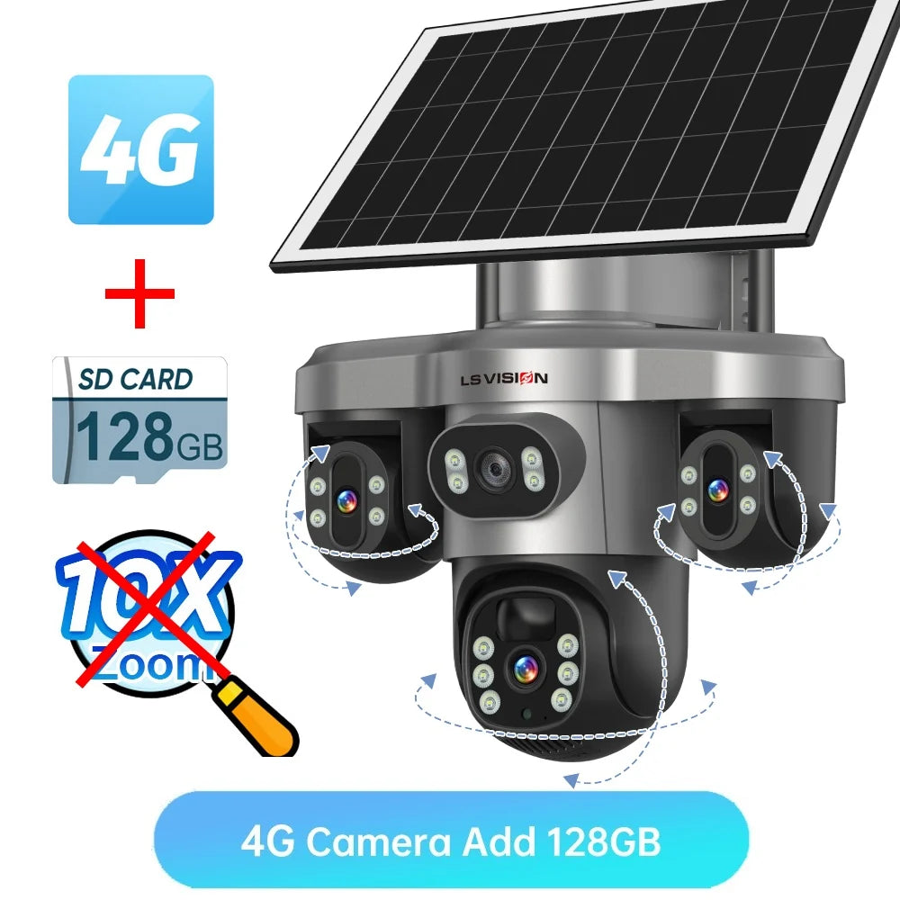 LS VISION 10X Optical Zoom 20MP 4G /Wifi Solar Camera Outdoor 3 Screens 3 PTZ 360° Auto Tracking IP Surveillance Camera V380 Pro