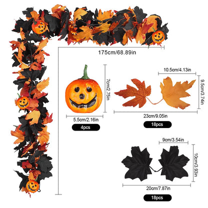 Halloween Garland Decorations Black Fall Leaves Vine with 3D Pumpkin Thanksgiving Harvest Festival Home Fireplace Mantle Decor