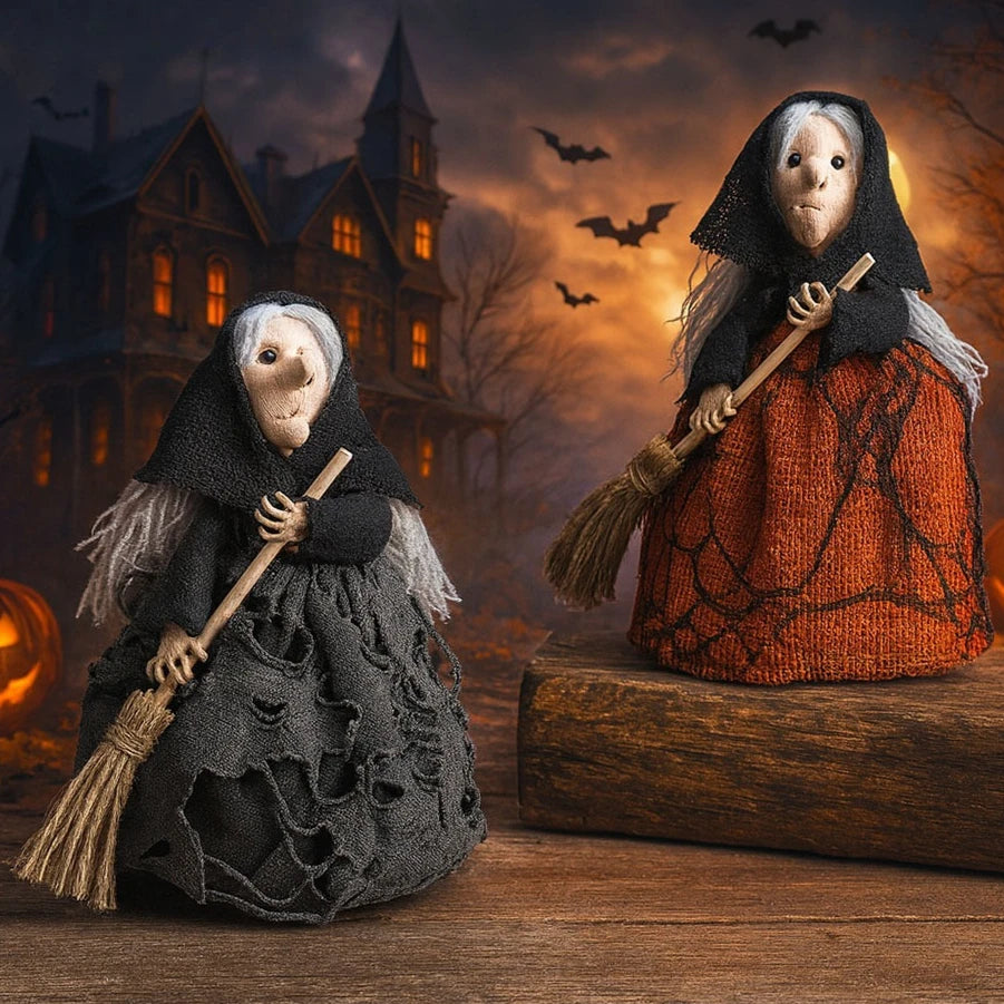 Halloween Witch Decoration with Broom Cute Hanging Ornament for Home Garden Indoor Party Decor Photography Props
