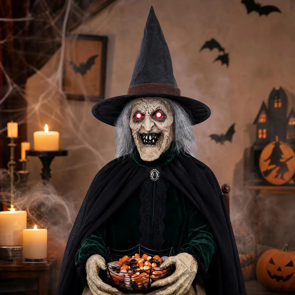 Halloween Animated Witch Decorations Sound Motion Activated Sitting Glowing Eyes Sound Animatronic Scary Decor Porch Yard Haunte