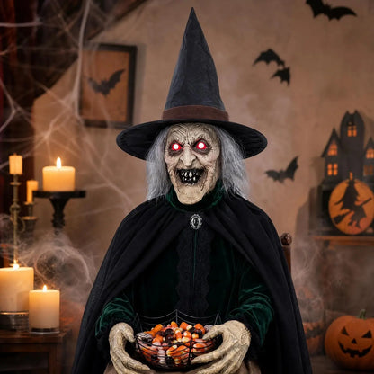 Halloween Animated Witch Decorations Sound Motion Activated Sitting Glowing Eyes Sound Animatronic Scary Decor Porch Yard Haunte