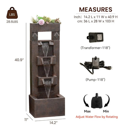 40.9" H 4-Tier Indoor/Outdoor Modern Water Fountain with Led Lights and Pump, Outdoor Freestanding Cascading Waterfall, Custom