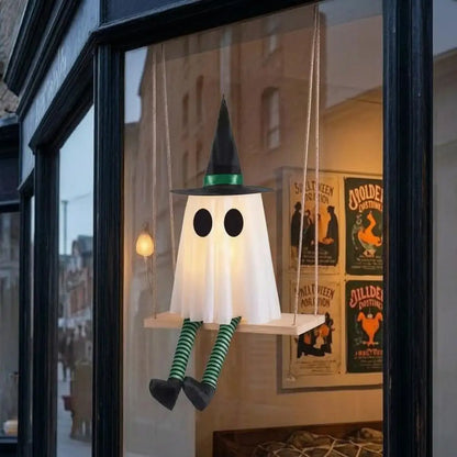 Halloween Hanging Swinging Ghost Decoration Spooky Light Up Swing Ghost with Witch Hat for Outdoor Tree Decor